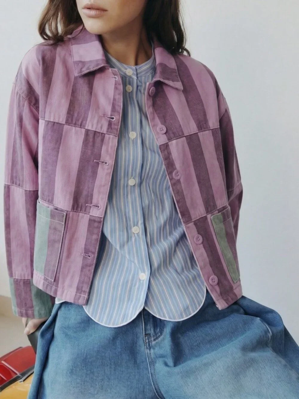 Mauve Pink Patchwork Denim Jacket with Contrast Trim